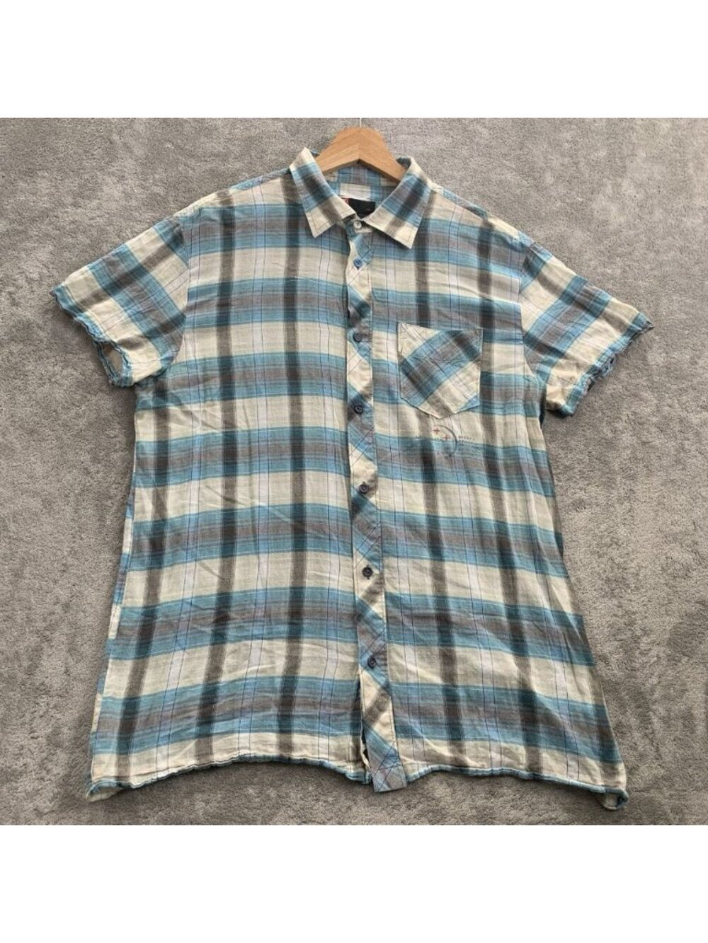 Diesel Shirt Mens XL Blue Plaid Short Sleeve Button Up Pocket Cotton Preppy
